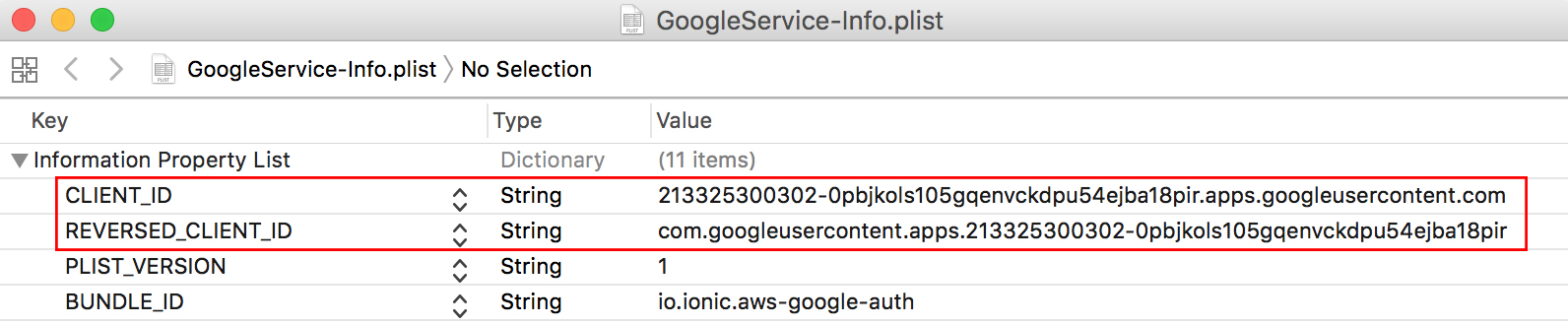 ionic AWS Google oauth client id and reverse id